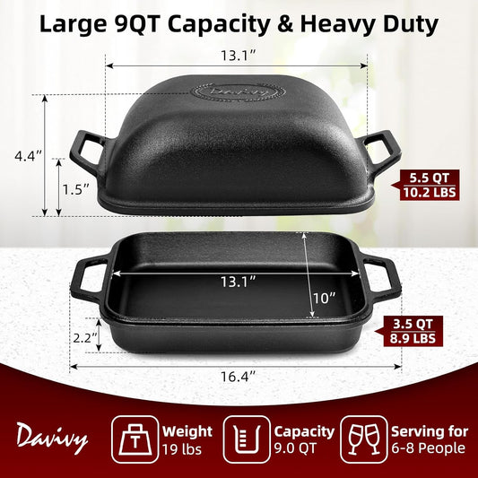 Davivy 9QT Pre-Seasoned Dutch Oven for Sourdough Bread, Non-stick Cast Iron Sourdough Bread Loaf Baking Pan, Large Capacity Cast Iron Loaf Pan, with Silicone Oven Mitts