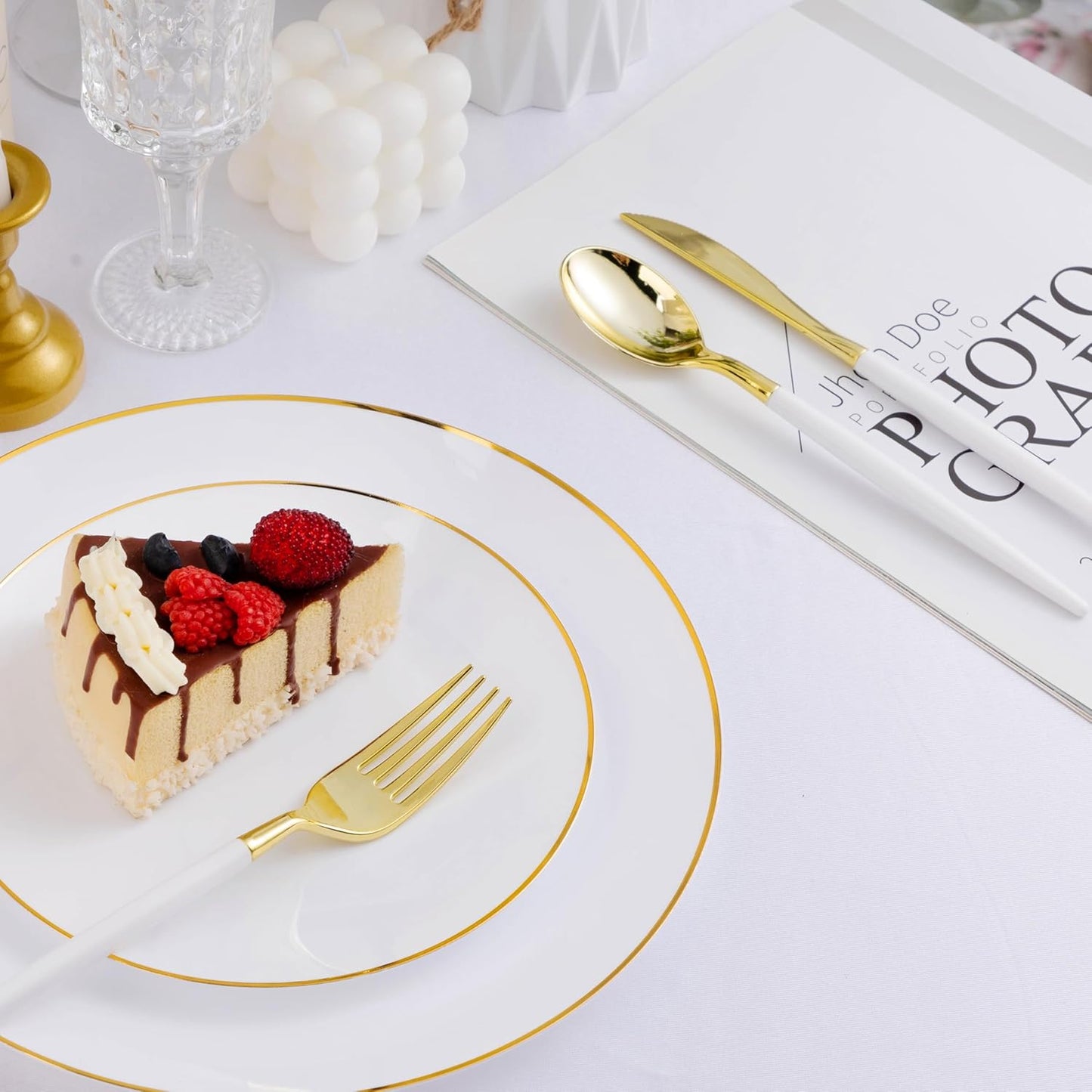 300 PCS White Gold Plastic Utensils for 100 Guests, Gold Disposable Silverware with 100 Knives, 100 Spoons and 100 Forks, BPA Free, Ideal for Weddings, Birthdays & Party