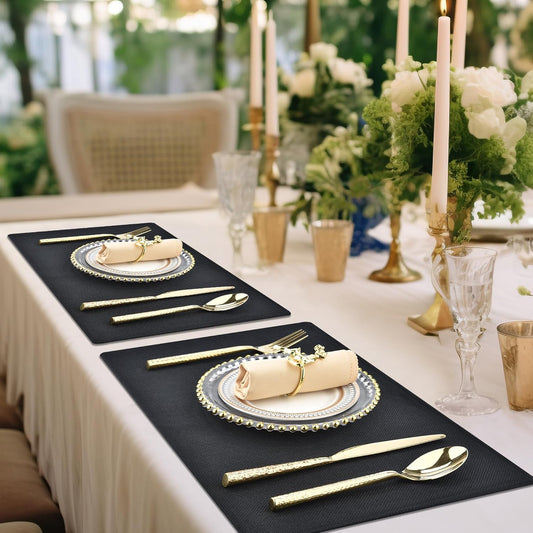 SLKQG Black Linen-Look Fabric Placemats Set of 4, Heat Resistant & Machine Washable Double-Layered Cloth Placemats for Dining Table, Indoor/Outdoor Use, Non-Slip Kitchen Table Mats (4, Black)