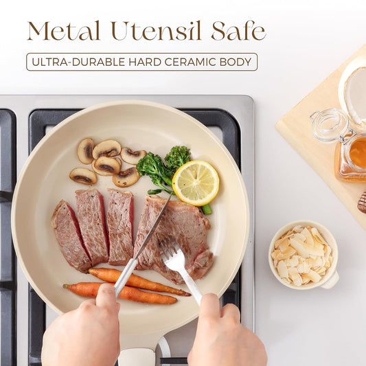 PRICUSIS Nonstick Ceramic Frying Pan, 8/10 Inch Skillet with Stay Cool Handle, Fully Coated, Induction Compatible & Oven Safe, 100% Dishwasher Safe, PTFE PFAS & PFOA Free(8 Inch, Coconut White)