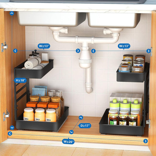 EVERIE Metal Pull Out Slide Shelf Organizer for Under Sink Organization in Kitchen, Bathroom, Counter, Cabinets, Minimum Available Space 13" Wide x 16.5" Deep (Black, 1 Set)