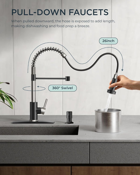 FORIOUS Kitchen Faucet with Soap Dispenser, Stainless Steel Spring Sink Faucet with Pull Down Sprayer Transitional Single Handle for Pot Filler, Farmhouse Camper Bar Laundry Room, Black Brushed