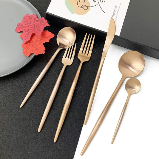 JASHII 18/10 Rose Gold Flatware Set - 304 Stainless Steel, Copper Cutlery - 6-Piece Adaline Royal Modern Satin Finish for Birthday, Wedding (Rose Gold Matte)