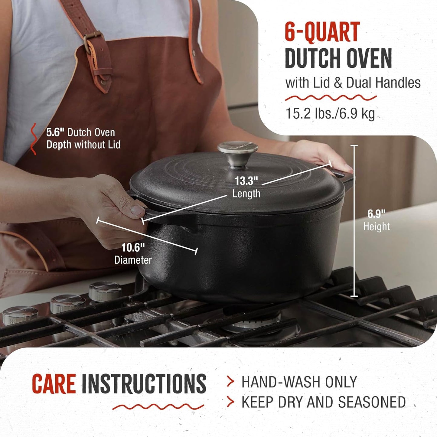 Victoria 6-Quart Cast Iron Dutch Oven with Lid and Dual Loop Handles, Seasoned with Flaxseed Oil, Made in Colombia,Black