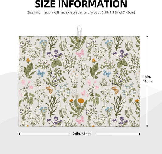 Vintage Floral Spring Summer Dish Drying Mat for Kitchen Counter, Herbs and Wild Flowers Drying Pad 18x24 Inch Absorbent Reversible Cute Botanic Dish Drainer Rack Mats