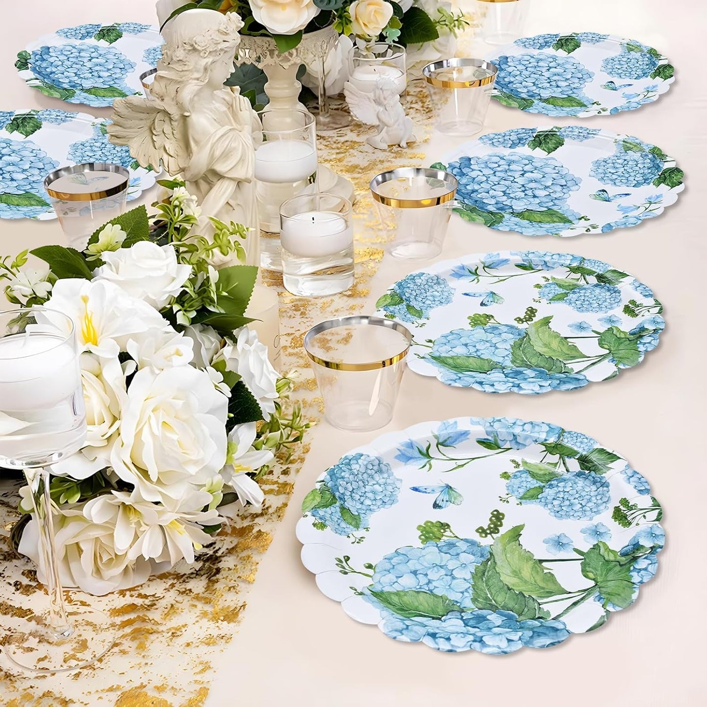 100 Pieces Blue Hydrangea Tableware Set Party Supplies – Floral Themed Disposable Dinnerware with Paper Plates, Napkins, and Forks for Birthdays, Weddings, Garden Parties – Serves 25