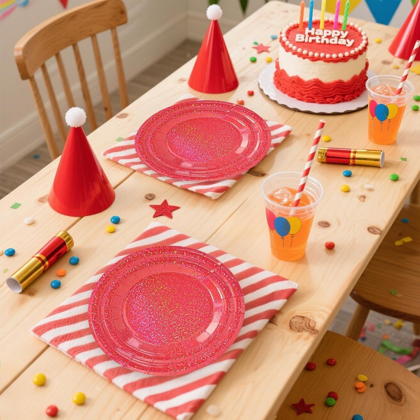 50 Pcs Iridescent Red Paper Plates 25 × 7'' and 25 × 9'' Disposable Red Shiny Holographic Foil Dinner Plates for Wedding Baby Shower Birthday Christmas Party Glitter Dessert Plate