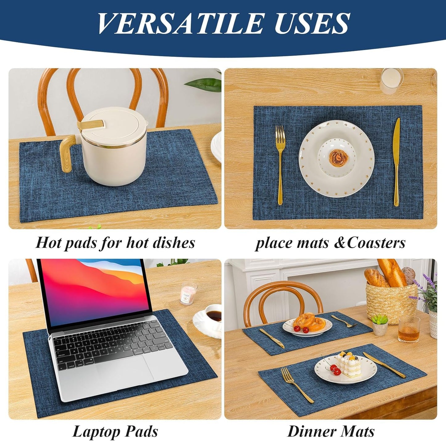 SHACOS Cloth Fabric Placemats Set of 4 Washable Non Slip Heat Resistant Table Mats Double Layer Reversible Place Mats Stain Resistant Indoor Outdoor, Dark Blue