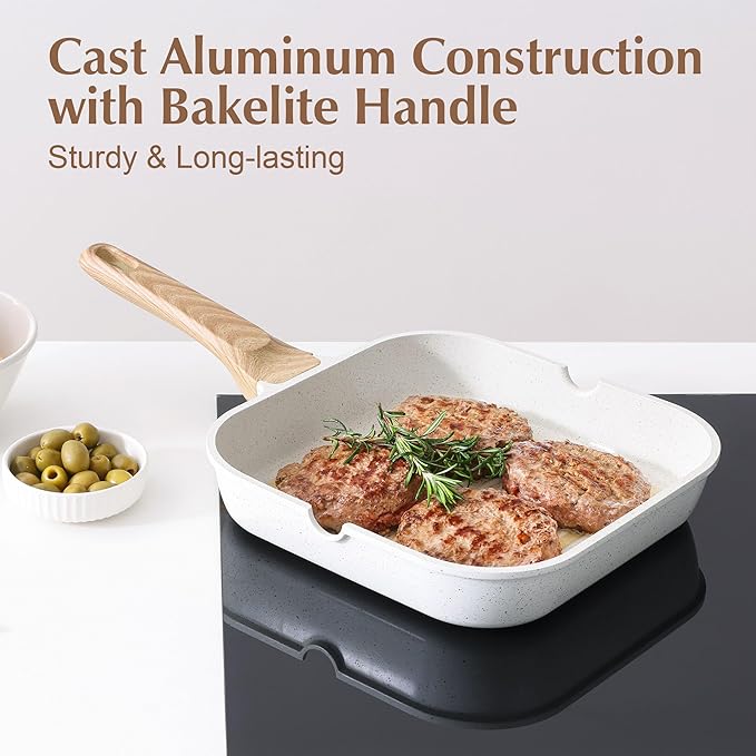 SENSARTE Nonstick Ceramic Grill Pan for Stove Tops, Versatile Square Grilling Pan with Pour Spouts, Durable Grill Skillet for All Stoves(Gas,Electric,Induction) Non Toxic-PTFE,PFAS,PFOA Free, 9.5Inch