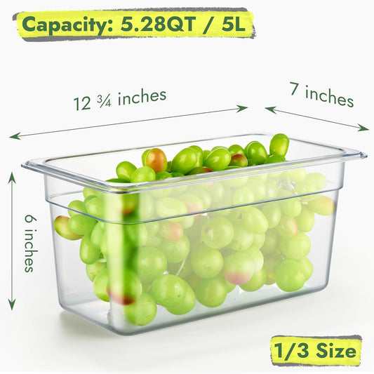 CURTA 6-Pack 1/3 Size 6" Deep NSF Polycarbonate Food Pans with Handled Lids & Drain Trays | Dishwasher & Freezer Safe Clear Container for Prep Tables, Buffet, Salad Bar, Commercial Kitchen