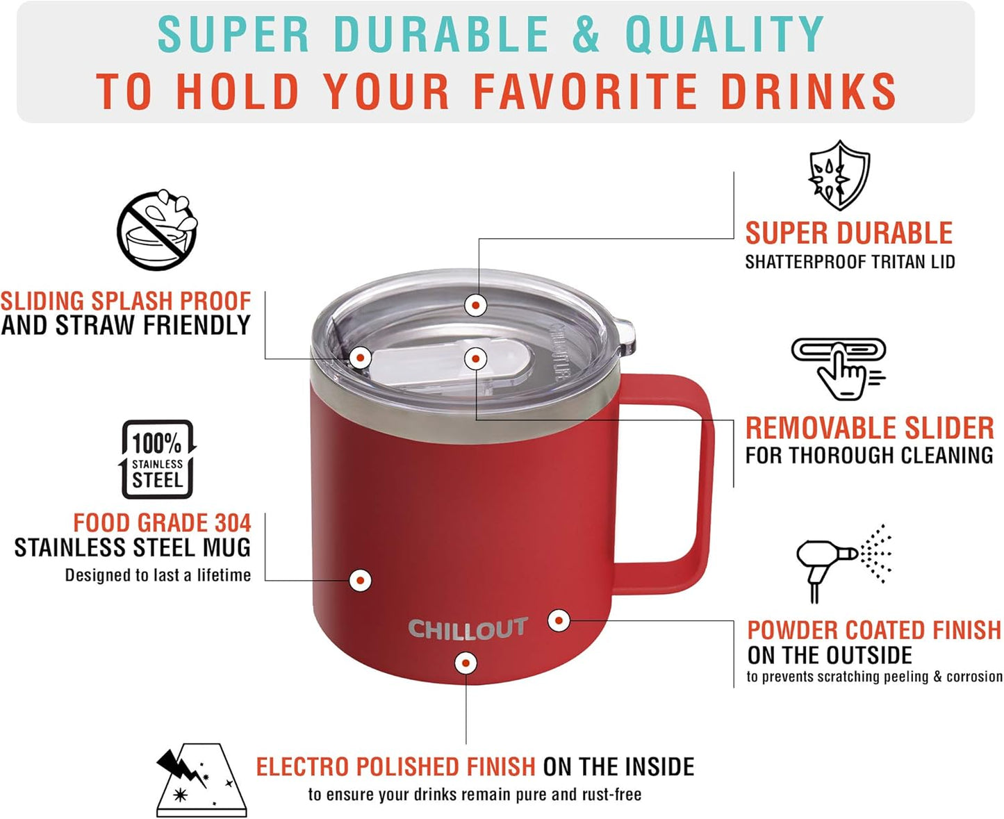 CHILLOUT LIFE Stainless Steel 16 oz Vacuum Insulated Coffee Mug with Handle and Lid, Large Thermal Camping Coffee Mug Cup with Durable Sliding Lid for Men & Women, Keeps your Beverages Hot & Cold