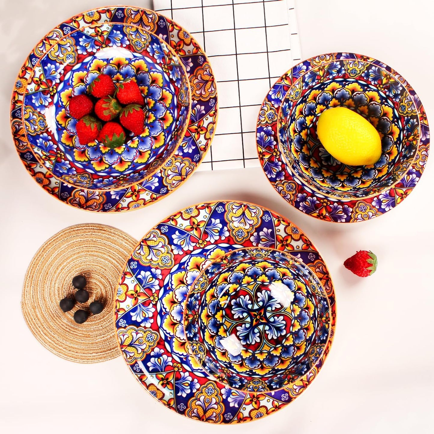 Mandala Dinnerware Sets, Plates and Bowls Set, Porcelain Dishes (16 Pieces) Service for 4, Zanzibar, Bohemian Style Dining Ware, for Kitchen and Dining Multicolor Dinnerware Set, Orange