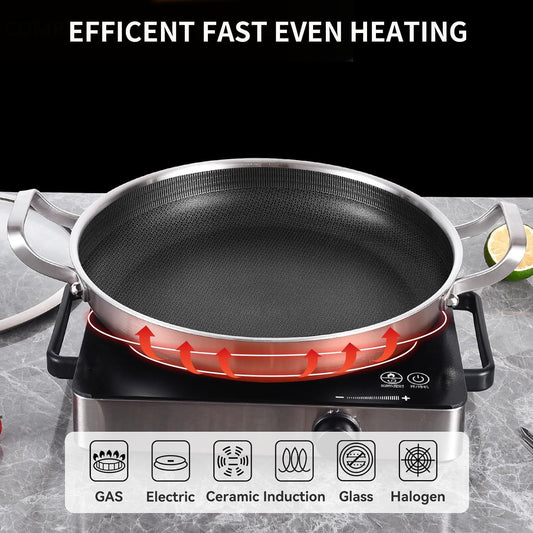 DELARLO Paella Pan 14 Inch Tri-Ply Stainless Steel Paella Pan with Lid Nonstick Frying Pan, Hybird Induction Large Skillets,Great for Paella Parties Indoors Outdoors,Heavy Duty Style