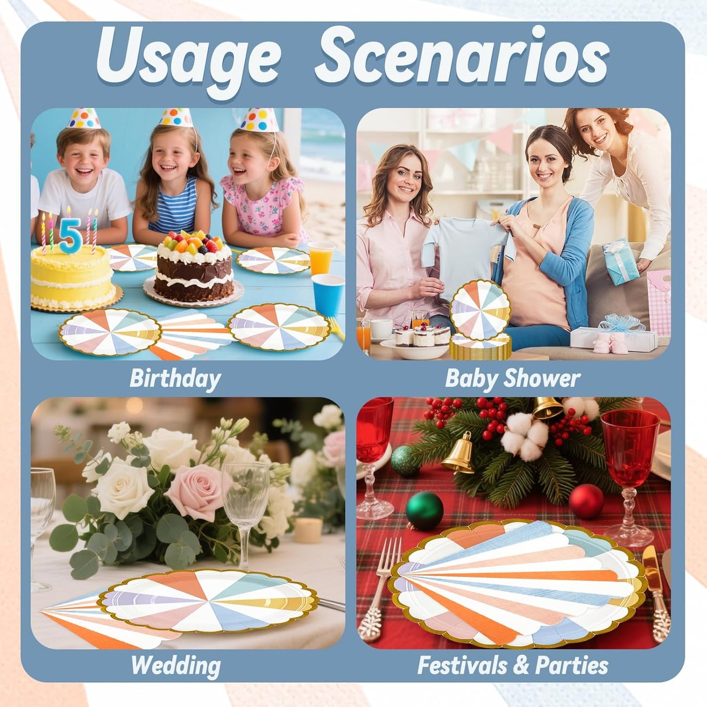 50PCS Colorful Striped Paper Plates and Napkins Party Supplies, 7 inch Disposable Gold Foil Scalloped Dessert Plate Pastel Party's Favors for Birthday Wedding Bachelorette Candy Party Decorations