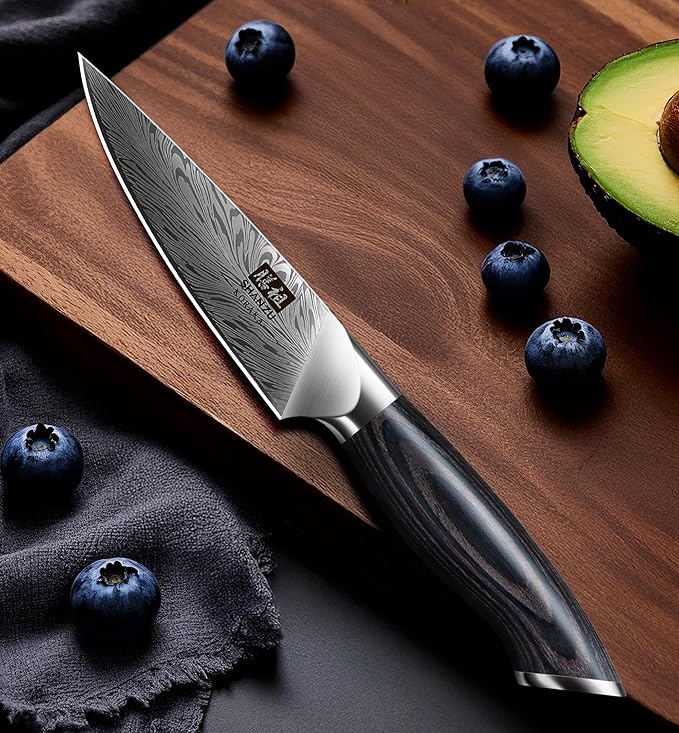 SHAN ZU Kitchen Paring Knife 4.5“ - Japanese Powder Steel 63 HRC Fruit Knife for Peeling & Coring Razor Sharp 12° Edge Vegetable Chopper with Pakkawood Handle