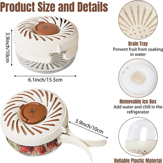 Fruit Washing Bowl with Strainer - Fruit Washer Drain Basket with Foldable Handle and Ice Box, 2 in 1 Vegetable Cleaning Colander, Multifunctional Fridge Storage Container for Kitchen Picnic