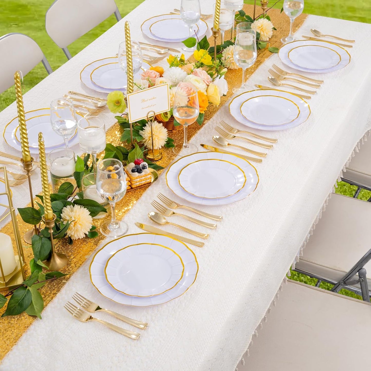 EI 150pcs White Plastic Plates with Gold Plastic Silverware,Disposable Plate Heavy Duty,White Dinnerware Set,Elegant Plates for Party,Wedding,Afternoon Tea,Birthday