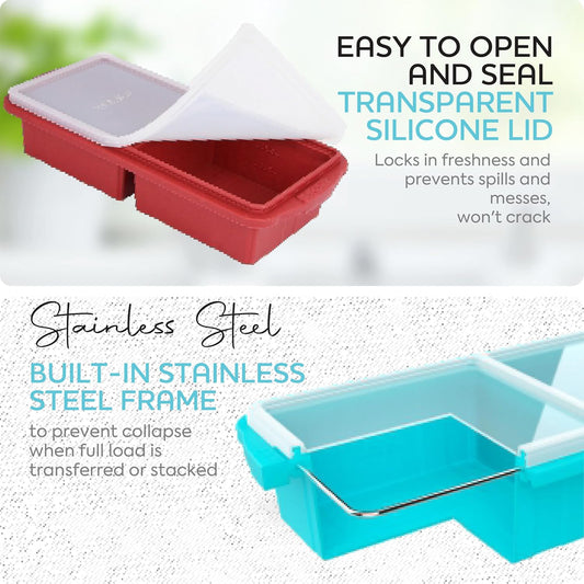 Silicone Freezer Tray With Lid-Soup Freezer Container molds-2-cup Extra Large Ice Cube Tray-makes 4 perfect 500ml portions cubes, For freezing soup,stews,sauces.Oven&Dishwasher-Safe(2-Pack)