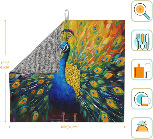 Beautiful Peacock Dish Drying Mat for Kitchen Counter Cute Dish Drainer Rack Mats 16"x18" Absorbent Reversible Drying Pad