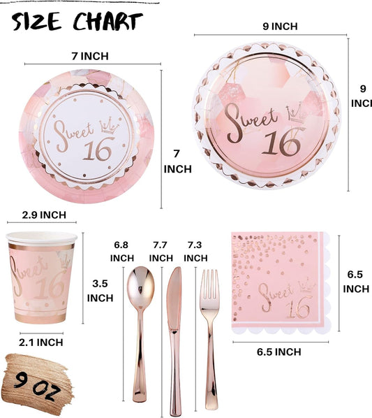 Rose Gold Sweet 16 Birthday Decorations for Girls - Serves 16 - Includes Sweet 16th Plates and Napkins Party Supplies Cups Cutlery for Sweet Sixteen Party