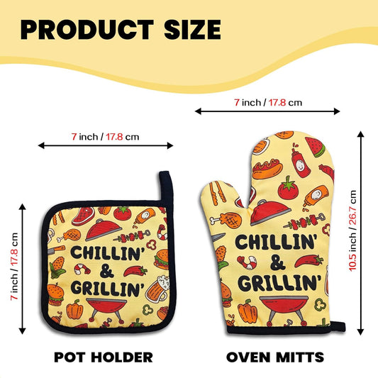 Funny BBQ Oven Mitts and Pot Holders(Set of 2) Chillin' and Grillin' Silicone Non-Slip Oven Mitts Funny Kitchen Heat Resistant Mitts Gifts for Hostess Chef Grilling Master BBQ Lover Friend