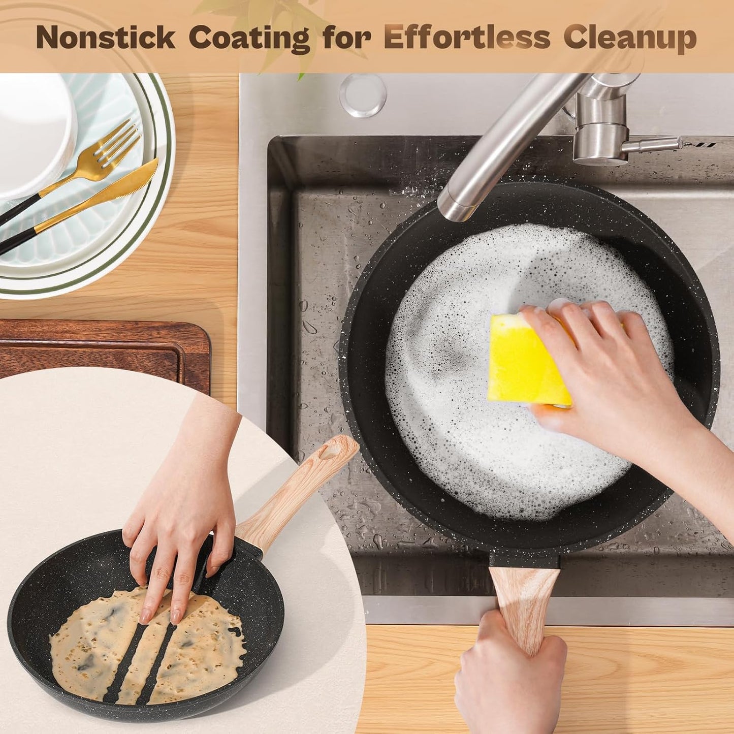 13 Pcs Pots and Pans Set, Nonstick Cookware Sets Black Granite Induction Cookware, Non-toxic Healthy Non stick Kitchen Cooking Set with Frying Pans Set, Saucepans (PFAS/PFOA/PFOS Free)