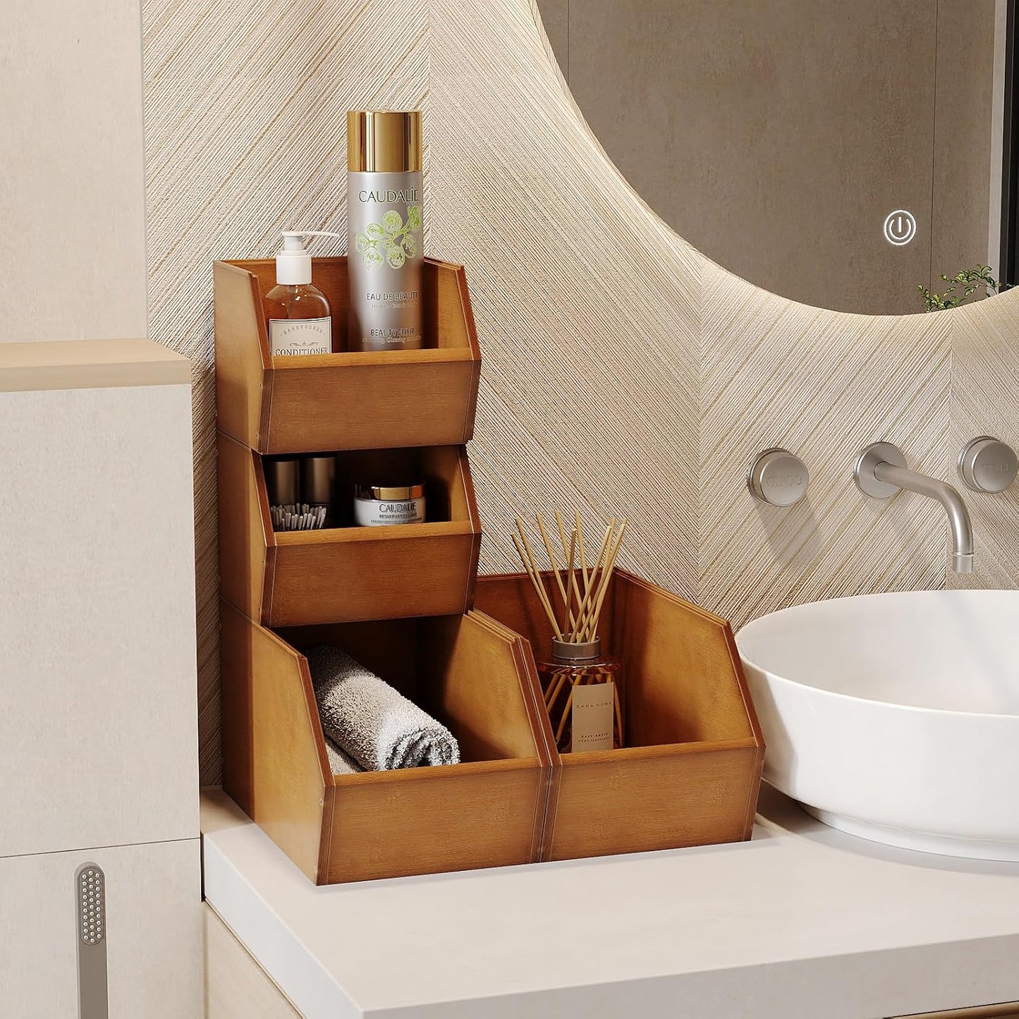 2 Set Bamboo Pantry Storage Bins Wood Stackable Baskets Potato and Onion Storage Bins Fruits Vegetable Bread Organization for Kitchen Counter