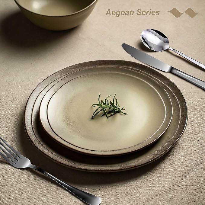 Famiware Aegean Plates and Bowls Sets, Dinnerware Set for 4, 12-Piece Stoneware Scratch Resistant Dinner Set, Handmade Irregular Round Dishes, Microwave and Dishwasher Safe, Matte Grey Green