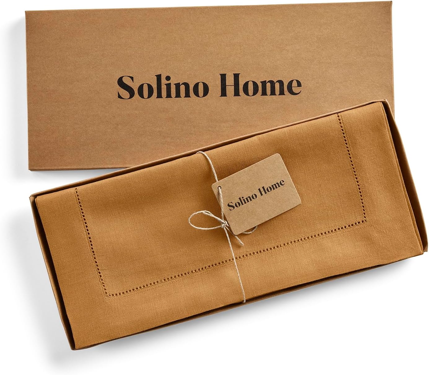 Solino Home Linen Brown Sugar Table Runner 90 Inches Long - 100% Pure Linen 14 x 90 Inch Table Runner for Fall, Autumn, Thanksgiving - Classic Hemstitch