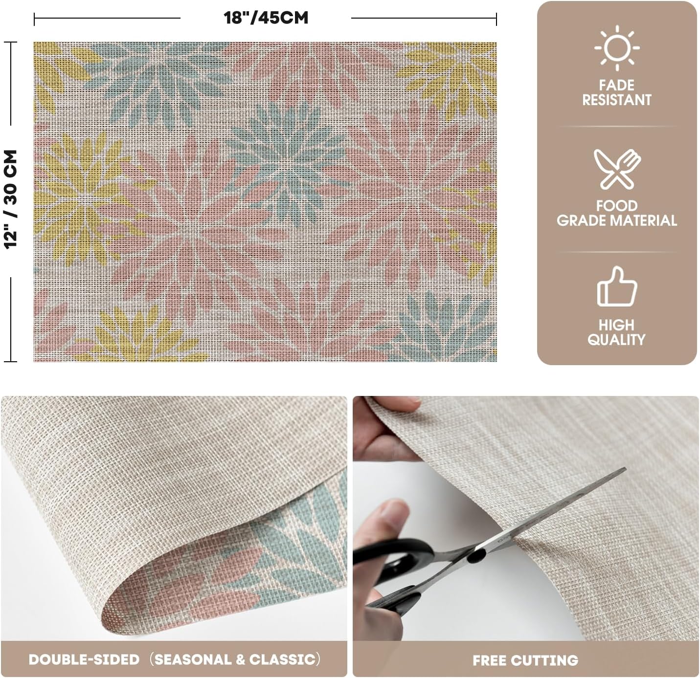 Artoid Mode Floral Vinyl Placemats Set of 4, 12x18 Inch Heat Resistant Washable Non-Slip Plistic PVC Place Mats for Party Kitchen Dining Decor, Pink Blue