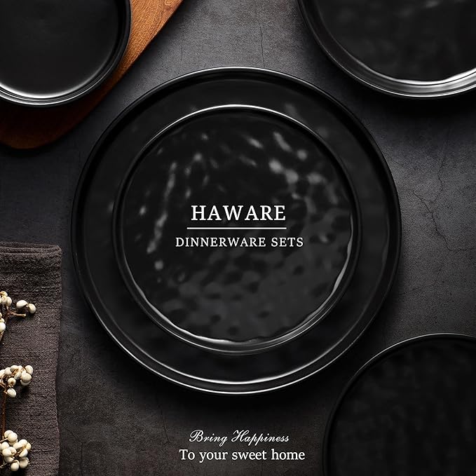 HaWare Dinnerware Sets, 24-Piece Plates and Bowls Set, Stoneware Dish Set for 8, Ceramic Dinnerware for Home Restaurant, Chip and Scratch Resistant, Microwave and Dishwasher Safe, Matte Black