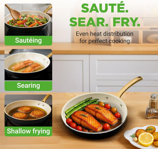 NutriChef 10-Inch Professional Ceramic Frying Pan - Medium Skillet with Golden Titanium Handle, Non-Stick Ceramic Coating, Stain-Resistant, Easy to Clean, Ideal for Home Cooking