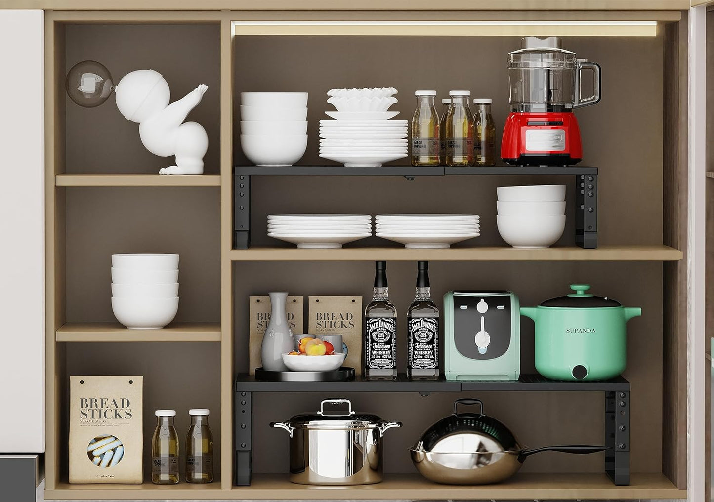 Expandable Adjustable Stackable Kitchen Organizer, Spice Rack,Metal Pantry Storage Shelves Racks,Counter Shelf for Cabinets, Countertop, Cupboard (3 Packs/Medium/Black)