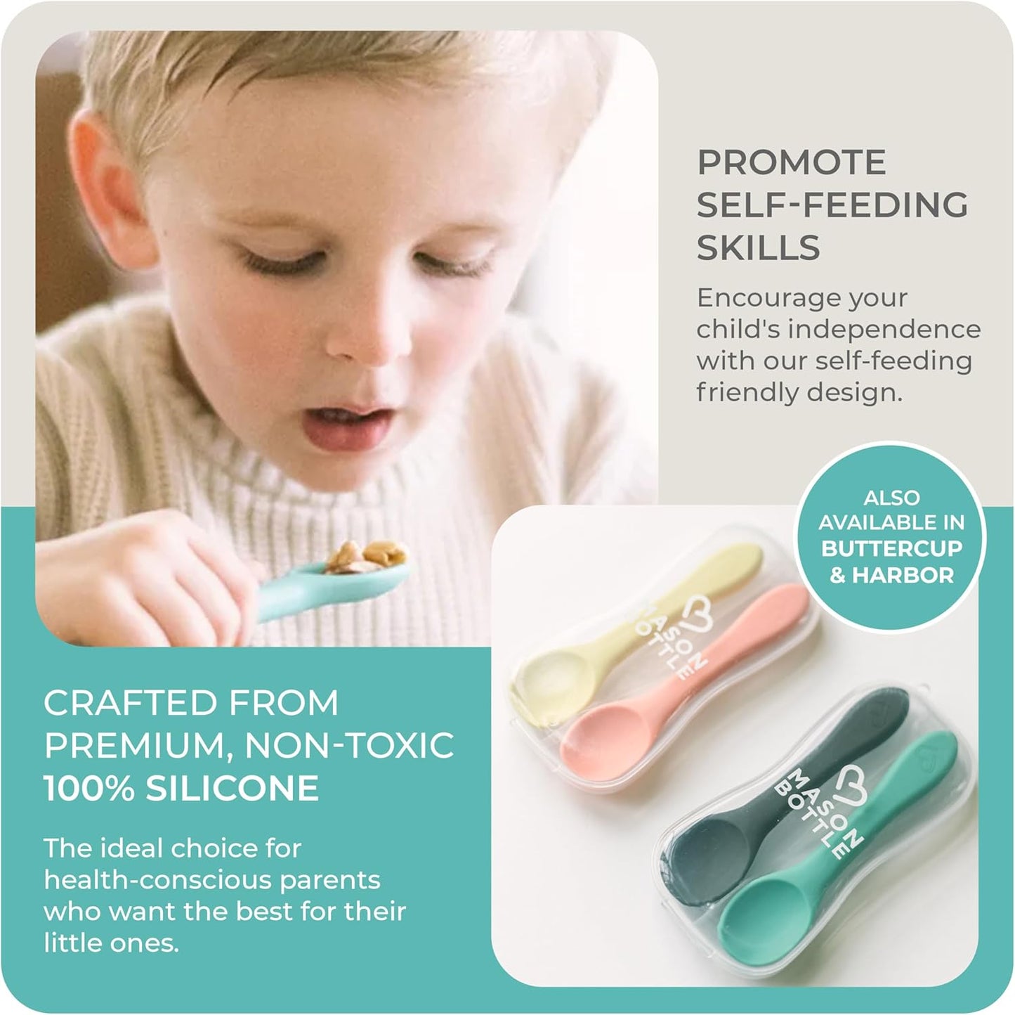 Mason Bottle Silicone Baby Spoons (2-Pack) – BPA-Free Feeding Utensils for Babies 6–12 Months – Puree Spoons with Case, Non-Toxic, Dishwasher Safe (Teal & Grey)