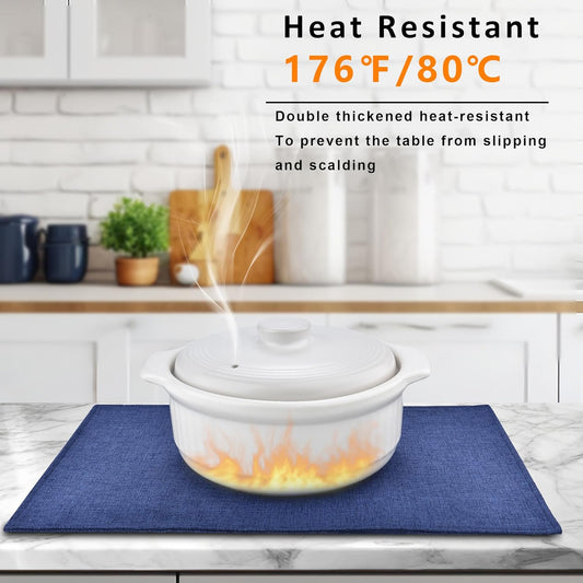 SLKQG Blue Linen-Look Placemats Set of 6, Heat Resistant & Machine Washable Double-Layered Cloth Placemats for Dining Table, Indoor/Outdoor Use, Non-Slip Kitchen Table Mats (6, Navy Blue)