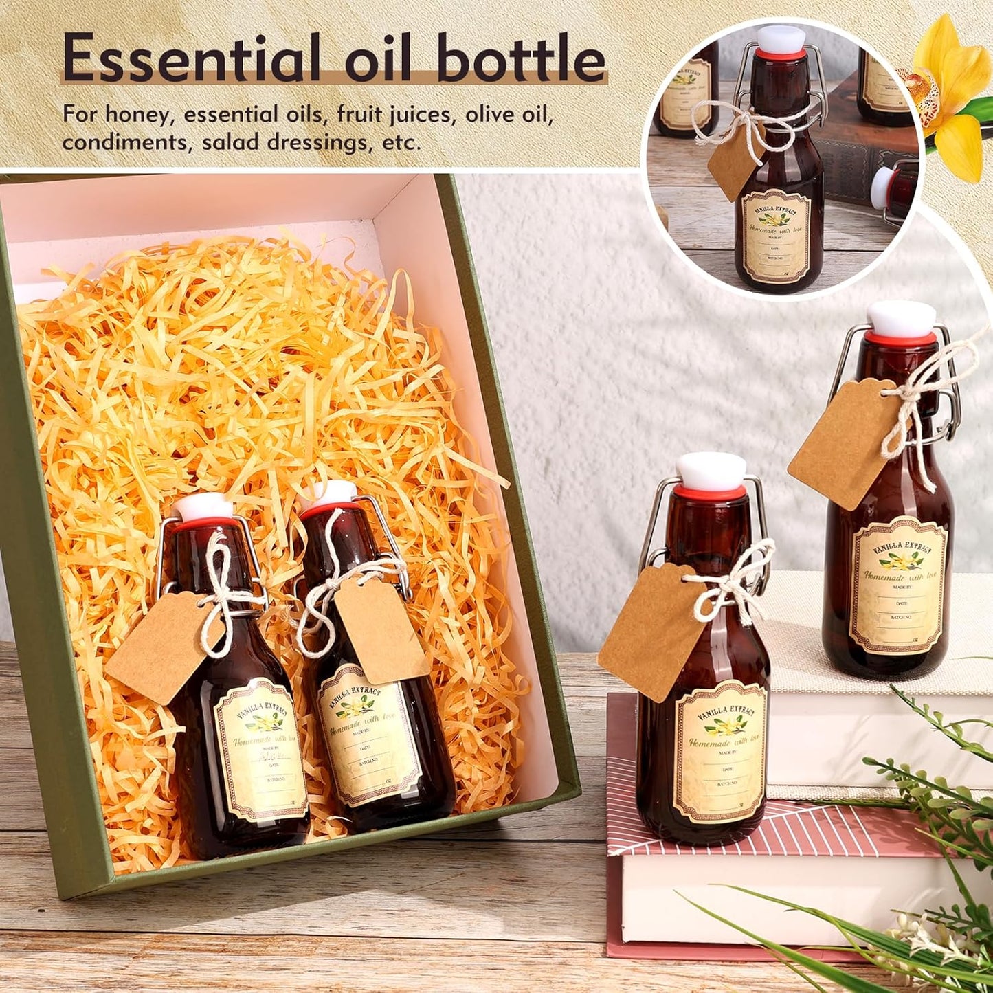 tchrules 16 Brown Vanilla Extract Bottles 5oz Swing Top Glass Bottle for Vanilla Extract Homemade, Gift Giving, Small Glass Bottles for Food Storage Canister for Bean Sauce Spice