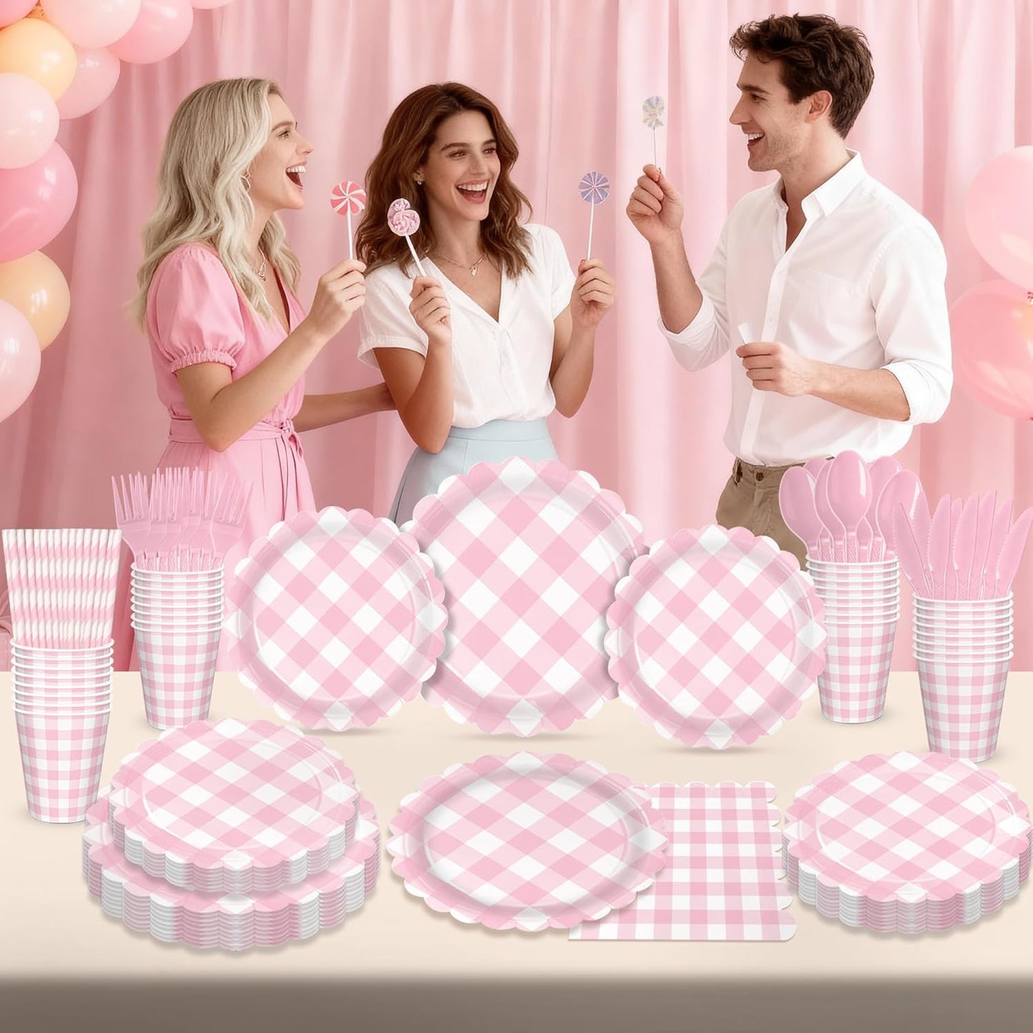192 PCS Gingham Party Supplies Serve 24 Guests Gingham Plates and Napkins and Cups for Birthday Decorations Baby Shower Checkered Party Supplies Dinnerware Sets for Girl Boy Light Pink White