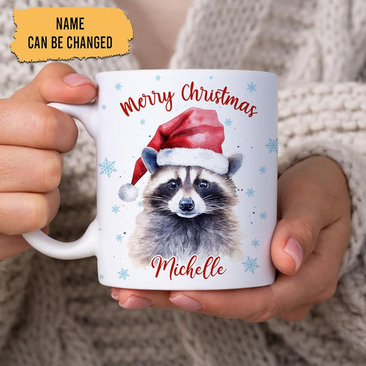 Hyturtle Personalized Gifts Raccoon Lover - Raccoon Wearing Santa Hat Custom Name Ceramic Coffee Mug Cup 11oz - Cute Animal Lovers Gifts For Women, Girl kids Family On Birthday, Christmas