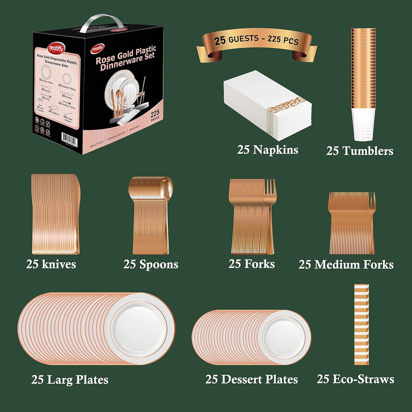 Neatiffy 225 Pcs Rose Gold Rim Plastic Dinnerware Set (25 Guests) | 25 x (Dinner Plate, Dessert Plate, Plastic Silverware, Cup, Napkin, Straw) | For Wedding, Luxurious Party, Special Event