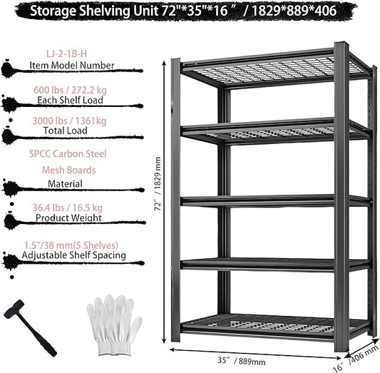 Storage Shelving Unit Heavy Duty Garage Shelves 5-Tier Metal Organizer Utility Rack 2750LBS for Kitchen Pantry Basement Pantry Warehouse Laundry Black 72" H x 35" W x 16" D