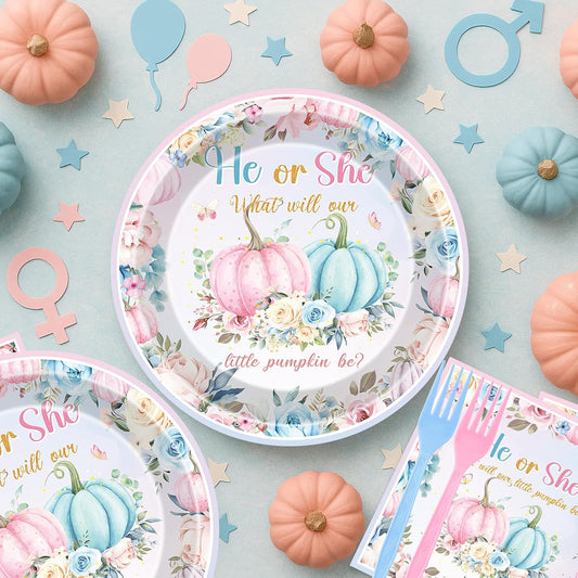 Fall Gender Reveal Decorations - 96 Pcs Pumpkin He or She Plates Napkins Forks Tableware Set, Pink Blue Paper Disposable Party Supplies Decor Kit for Baby Shower Boy or Girl Serve 24 Guests