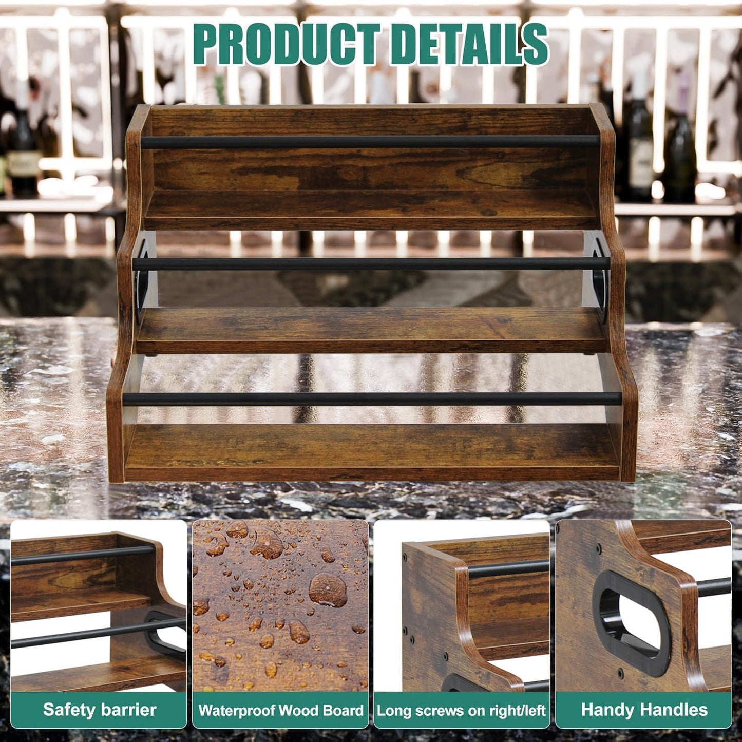 AT-VALY 3-Tier Countertop Wine Rack, Iron&MDF Kitchen Storage Shelf, Space-Saving Countertop Organizer for Spices, Herbs, Seasonings, Sturdy Stylish Condiment Holder(Rustic Brown)