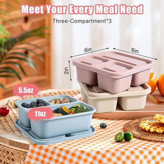 4Piece Silicone Snack Container with Lids, 3 Compartment Snack Container, is Perfect for Lunch Salads, Snack Boxes, and Ideal for Travel, Office, and Picnics.(Lightweight Stackable )