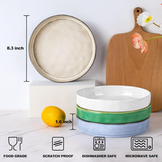 E-far Pasta Bowls Set of 4, 30oz Shallow Salad Bowls for Dinner Serving, 8.25" Stoneware Ceramic Bowl Plates for Noodle Soup, Microwave & Dishwasher Safe, Reactive Glaze, Assorted Colors