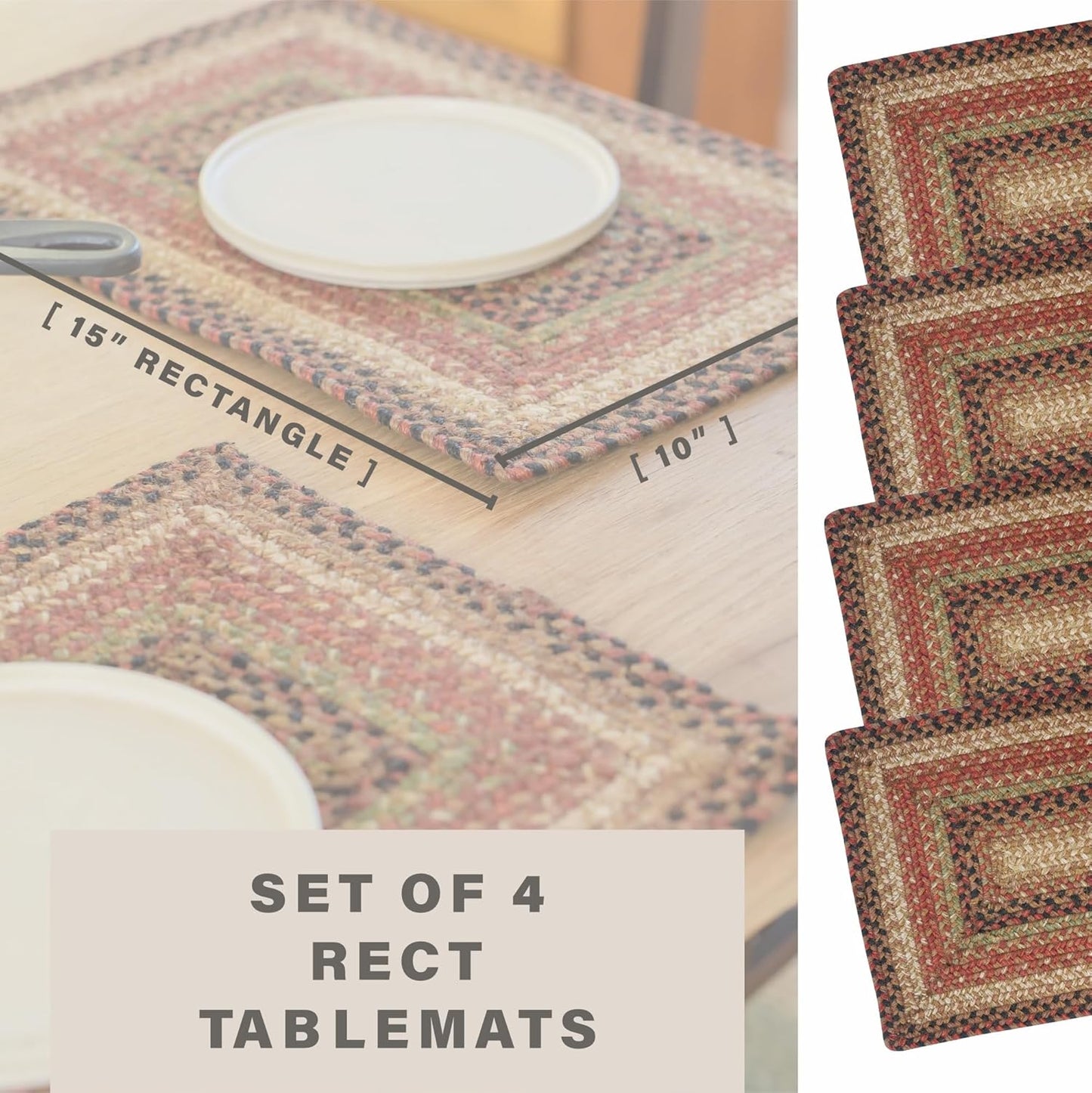 Homespice Gingerbread Premium Jute Braided Placemat Set of 4-10x15 Rectangular Multi Color Reversible, Natural Jute Yarn Rustic, Country, Primitive, Farmhouse Style