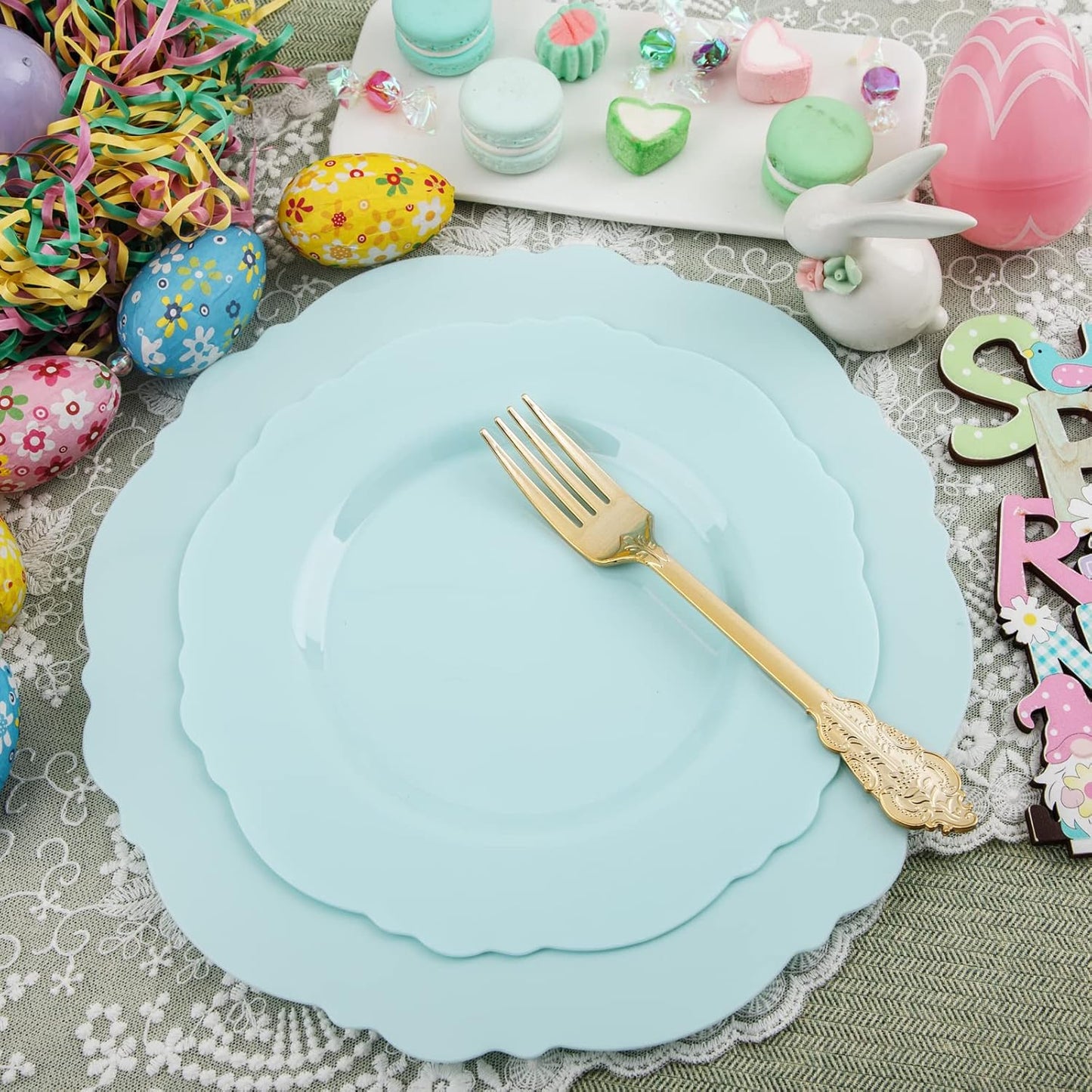 WDF 60pcs Mint Green Plastic Plates - Baroque Dinner Plates Including 30 Green Plates Disposable10.25inch, 30 Dessert Plates 7.5inch for Upscale Wedding, Parties