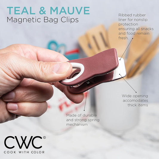 COOK WITH COLOR Bag Clips with Magnet- Food Clips, Chip Clips, Bag Clips for Food Storage with Airtight Seal Grip for Bread Bags, Snack Bags and Food Bags (Teal and Mauve, Pack of 10)