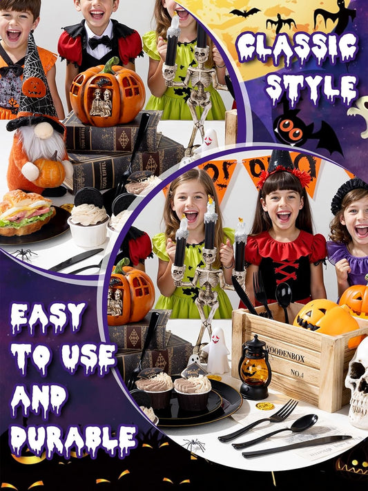 WDF 180 Pieces Black Plastic Silverware - Plastic Silverware Set Include 60 Forks, 60 Knives, 60 Spoons - Heavy Duty Black Disposable Cutlery - Disposable Utensils for Halloween Party, Wedding