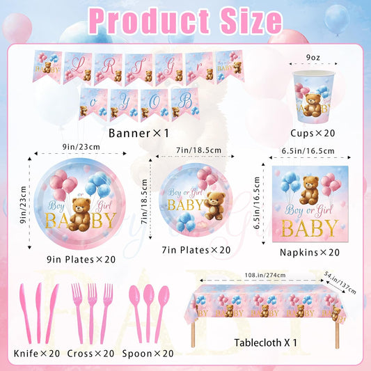 142 Pcs Bear Gender Reveal Decorations Bear Themed Plates Cups and Napkins Sets Boy Or Girl Gender Reveal Decorations Serves 20