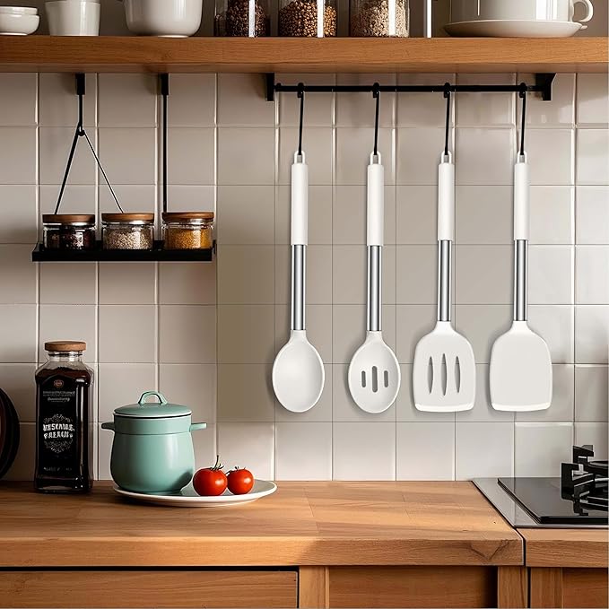 LIANYU Silicone Spatula and Cooking Spoon, 4 Pack Kitchen Cooking Utensils Set for Non-stick Cookware, Heat Resistant Solid & Slotted Spoons and Spatulas, Stainless Steel Handle, White